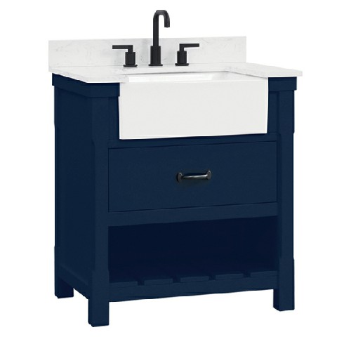 Farmington 30-in Vanity Combo in Navy Blue with 1in Thichness Authentic Italian Carrara Marble Top - Plus V2.0
