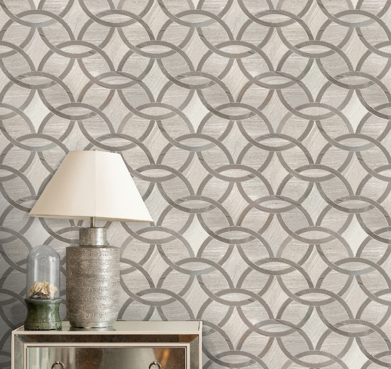 Wooden White & Athens Gray Waterjet Mosaic Interlocking Circles 