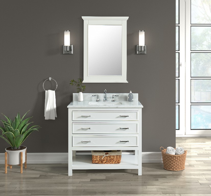 Manhattan 36-in Vanity Combo in White with 1in Thichness Authentic Italian Carrara Marble Top - PlusV2.0