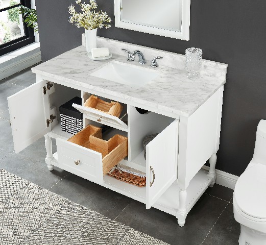 Elizabeth 48-in Vanity Combo in Dove White with 1in Thichness Authentic Italian Carrara Marble Top - PlusV2.0