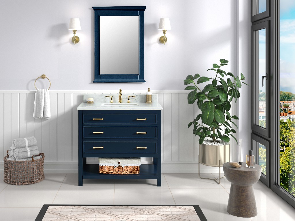 Manhattan 36-in Navy Blue Single Sink Bathroom Vanity with Carrara White Natural Marble Top- V1.0®