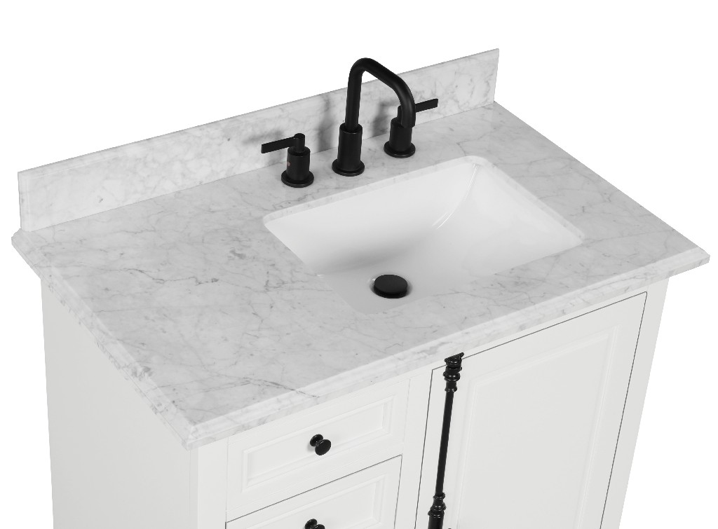 Icon 36-in Vanity Combo in Dove White with 1in Thichness Authentic Italian Carrara Marble Top -plus V2.0