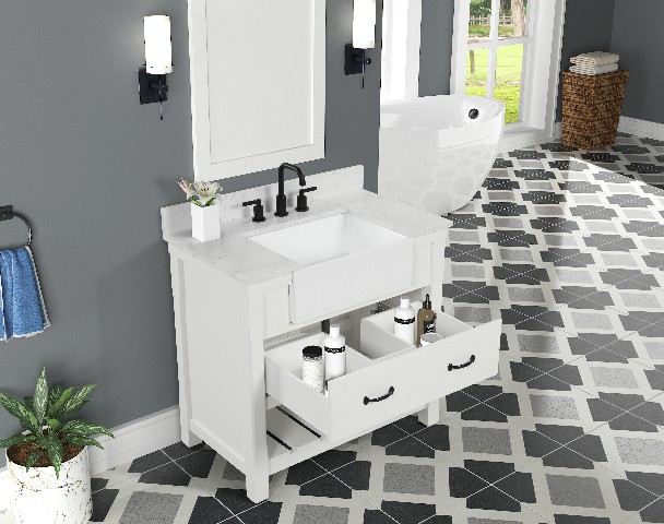 Farmington 36-in Vanity Combo in White with 1in Thichness Authentic Italian Carrara Marble Top - Plus V2.0