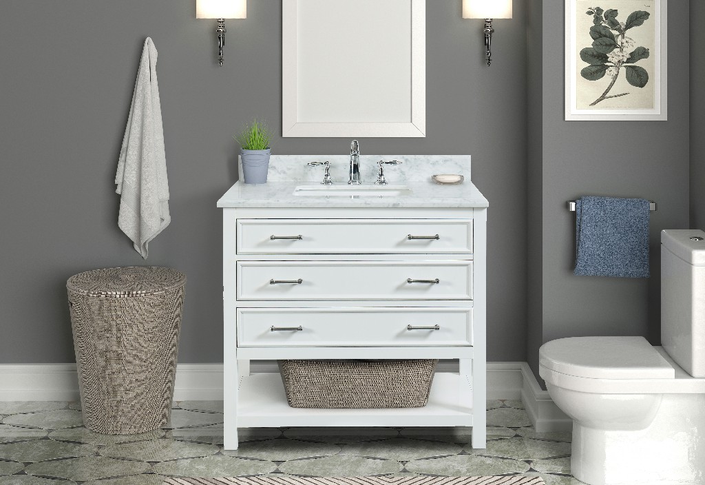 Manhattan 36-in Vanity Combo in White with 1in Thichness Authentic Italian Carrara Marble Top - PlusV2.0