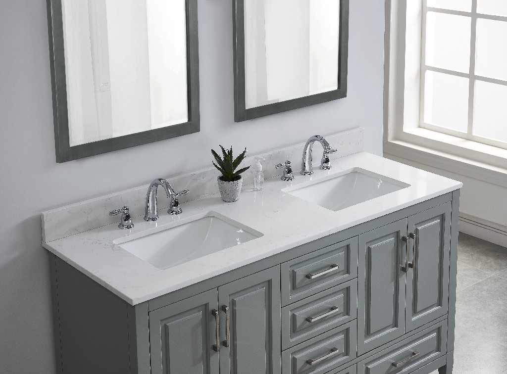61-in Carrara White Quartz Double Sink Bathroom Vanity Top