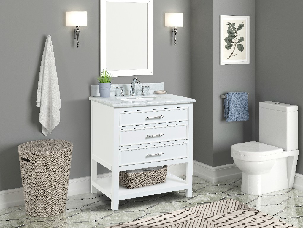Manhattan 30-in Dove White Single Sink Bathroom Vanity with Carrara White Natural Marble Top- V1.0